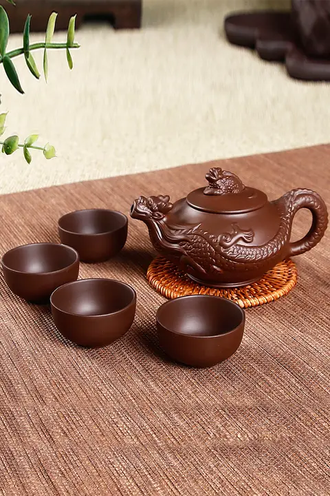 宜興 紫砂製 陶器の一人用茶セット【ハンドメイド・フィルター付き・急須・4杯セット】