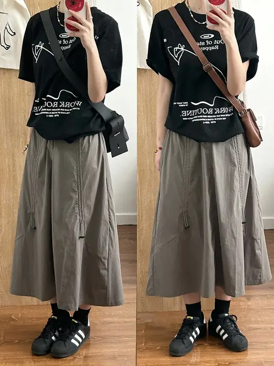 グレーグリーン アメリカンビンテージ工装スカート【春秋用・大きいサイズ・Aライン・中丈・梨型体型対応】