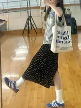 黒の水玉模様のカジュアル半身スカート【夏用・大きいサイズ・Aライン・お腹隠し・ミディ丈】（セットアップ対応）