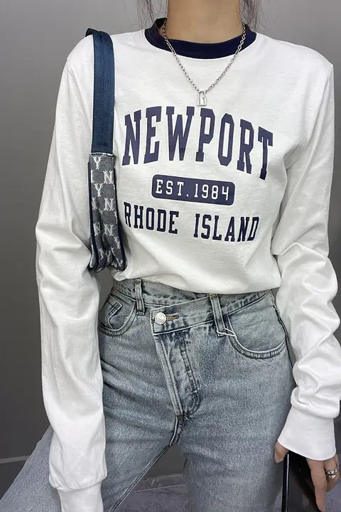 NEW PORT ロゴプリント カラーブロック 長袖Tシャツ【ゆったりストレート・カジュアル】