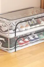 透明メッシュの靴収納ボックス【折りたたみ式・二重扉・下段収納】