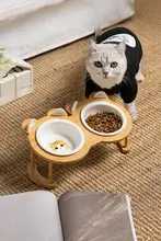 陶器製 猫用ダブルボウルスタンド【傾斜口・頚椎保護・竹製ベース】（セットアップ対応）