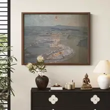 金滩映日の手描き油絵【中古・レトロ風景・新中式・限定掛け画】