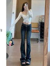 深い青のローライズフレアデニムパンツ【女性用・秋冬・スリムフィット】