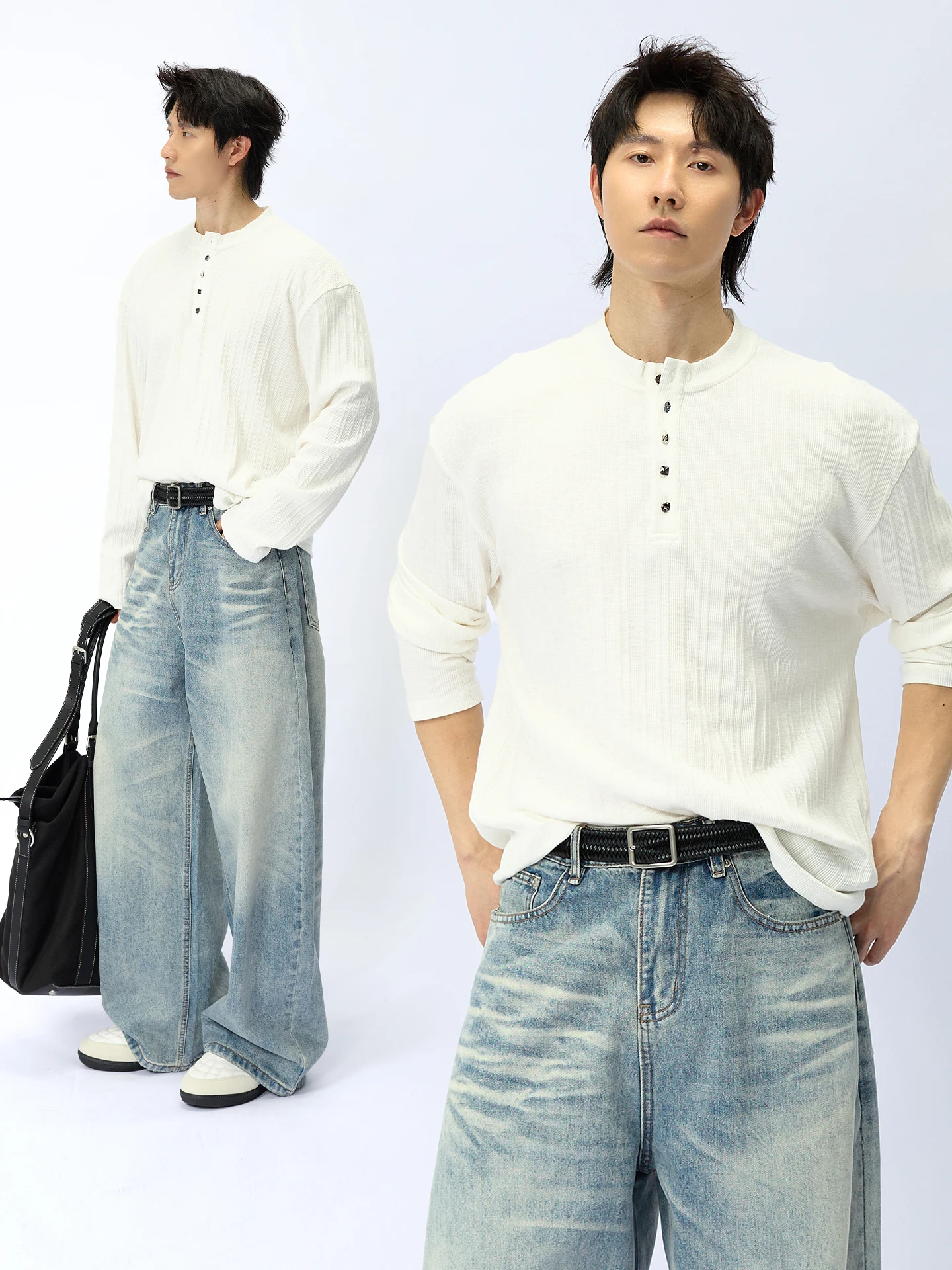 160cm メンズファッションで選ぶ高級ボタン付きヘンリーネック長袖Tシャツの実用性と着心地