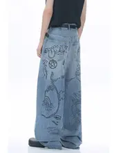 ユニークな手描きグラフィックのワイドレッグデニムパンツ【ハイウエスト・ルーズフィット・レトロスタイル】