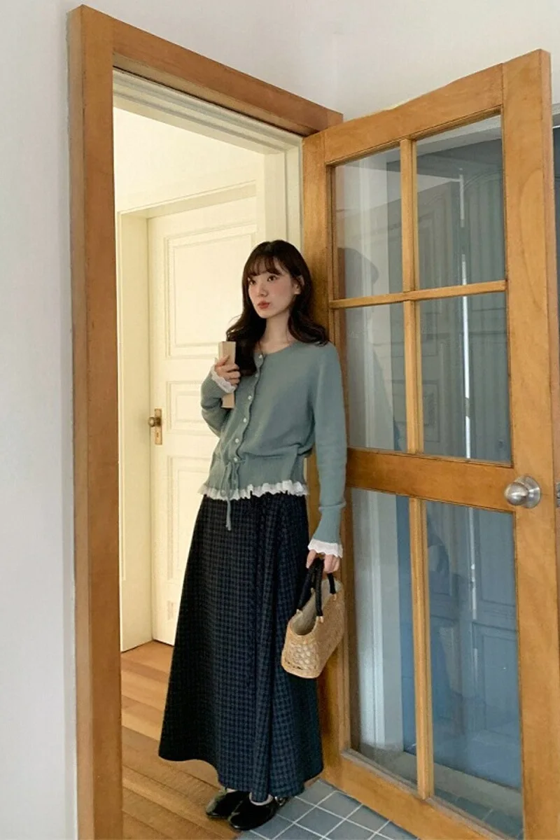 レトロチェックデザインのハイウエストAラインスカート【長款・春夏用・バンド付き】（セットアップ対応）