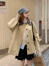 カーキ色のワークコート【秋用・春に最適・バルーン風・コントラストカラー・中長丈】