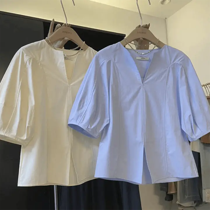 夏用 バルーンスリーブVネックシャツ【高級感のある立体裁断・フレンチスタイル】