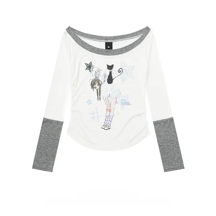 アニメ風 デザインのオフショルダー長袖Tシャツ【春用・ショート丈・女性用】