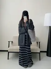 ツートンカラーストライプニットスカート【高ウエスト・シンプルデザイン・女性用】