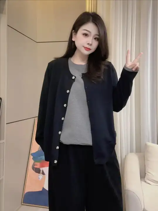 大きいサイズの配色デザイン ニットカーディガン【女性用・した雰囲気・春秋向け】（セットアップ対応）