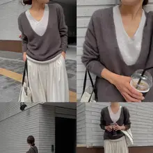 秋冬用100%ウールVネックニットトップス【フェイクレイヤード・トレンドデザイン】（セットアップ対応）