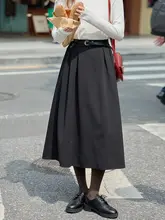 黒のウールミディスカート【高腰・Aライン・プリーツ・気品あるデザイン】