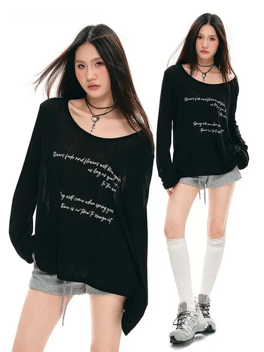 ロゴプリントの長袖Tシャツ【夏用・薄手・フィット・ブラック・中長丈・UVカット】