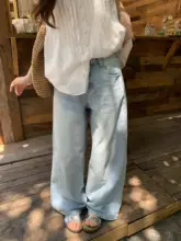 アメリカンヴィンテージ風 浅青のワイドレッグデニムパンツ【女性用・フィット・ドラッグレングス】