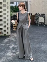 グレー 無袖 収腰 コットンリネンタンクトップとワイドパンツ【感あるスタイル】（セットアップ対応）