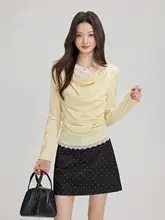 黒色デニムドット柄ハイウエストAラインミニスカート【春秋用・スリムフィット】