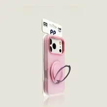 iPhone用 背面ケース【ピンク・ジェリー素材・陶器風円形スタンド・高級感ある肌触り】
