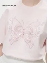 レース付きバタフライデザインの半袖Tシャツ【ピンク・コットン・ラウンドネック】