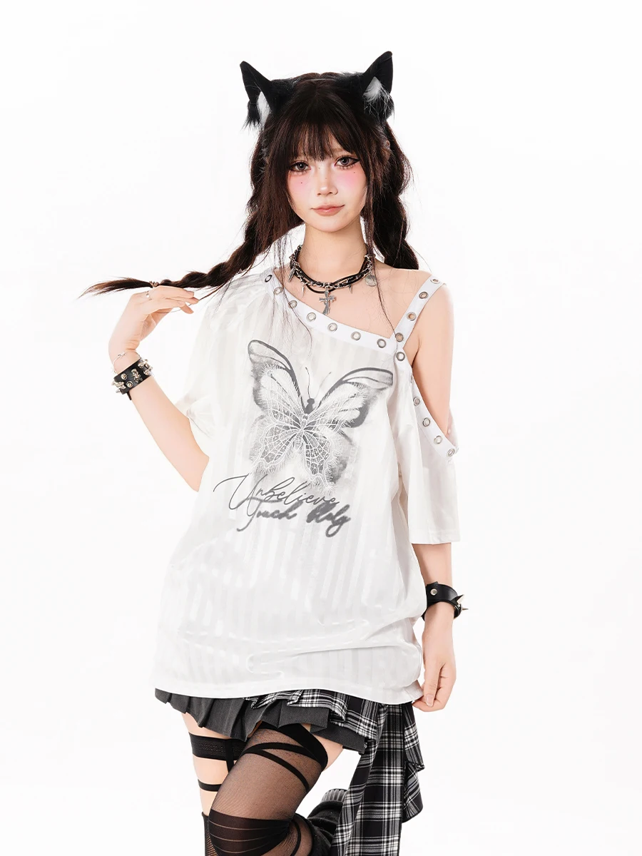 アウトドアTシャツ：レトロアンダーグラウンドスタイルのオフショルダーティーシャツ【夏用・ゆったり・UVカット】