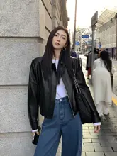 黒の翻領レトロPUレザーアウター【ゆったりフィット・バイクジャケット・ジッパー短丈】