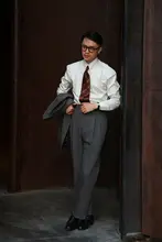 全羊毛 茶灰麦穗纹の高腰紳士西パンツ【イタリアンスタイル・パリボタン】