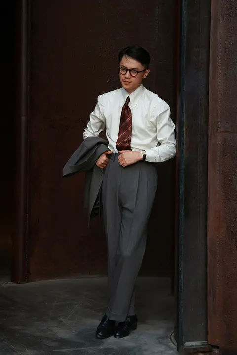 全羊毛 茶灰麦穗纹の高腰紳士西パンツ【イタリアンスタイル・パリボタン】