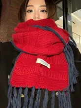 赤いフリンジニットスカーフ【冬用・保温・防寒】（セットアップ対応）