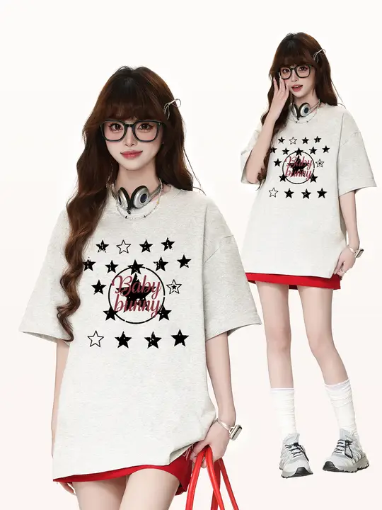 可愛いバニーキャラクターのコットン短袖Tシャツ【夏用・ルーズフィット・カジュアル】