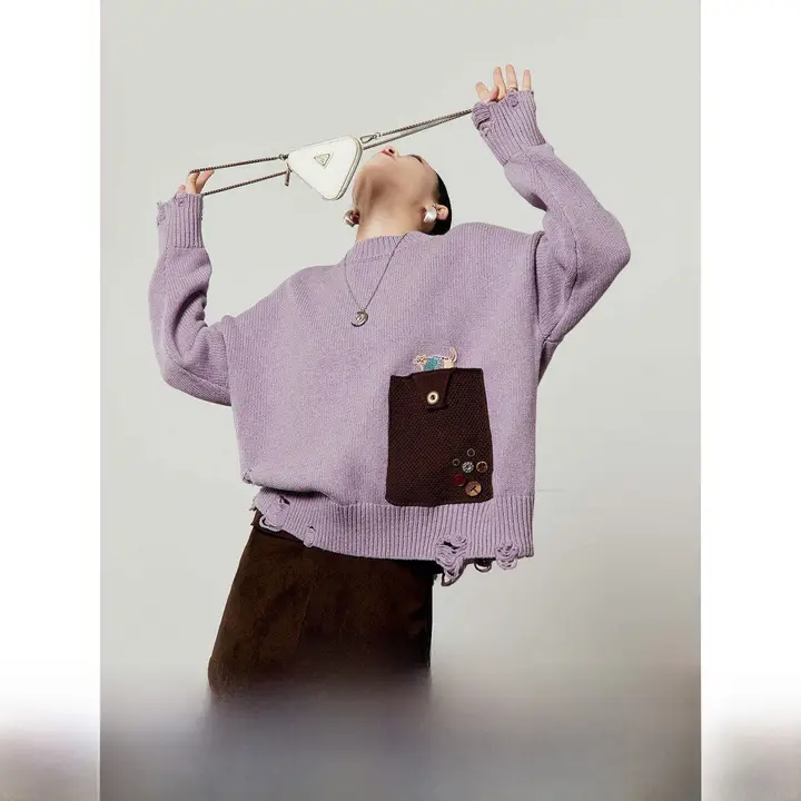 ニットトップス レディース パープル ポケット パッチワーク ダメージ加工 ルーズ 春