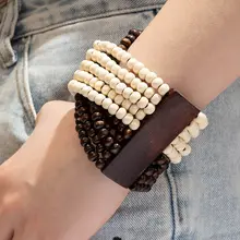 ボヘミアン風 木製ビーズブレスレット【女性用・エスニックデザイン・弾力性】