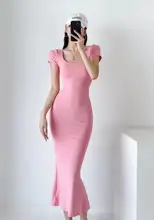 コットン素材のシンプルロングフィッシュテールドレス【短袖・リッチスタイル・小柄対応】