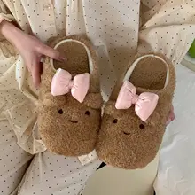 ふわふわのリボン付きクマデザイン冬用スリッパ【女性用・防滑・静音】