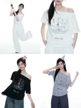 Tシャツ レディース 半袖 白 ケーキ柄 バレエ風 ワンショルダー ゆったり 夏「ELEVEN SLEEP」