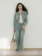 水洗い加工のレトロデザイン デニムジャケット ＆ パンツ【カジュアル通勤・春秋用】（セットアップ対応）