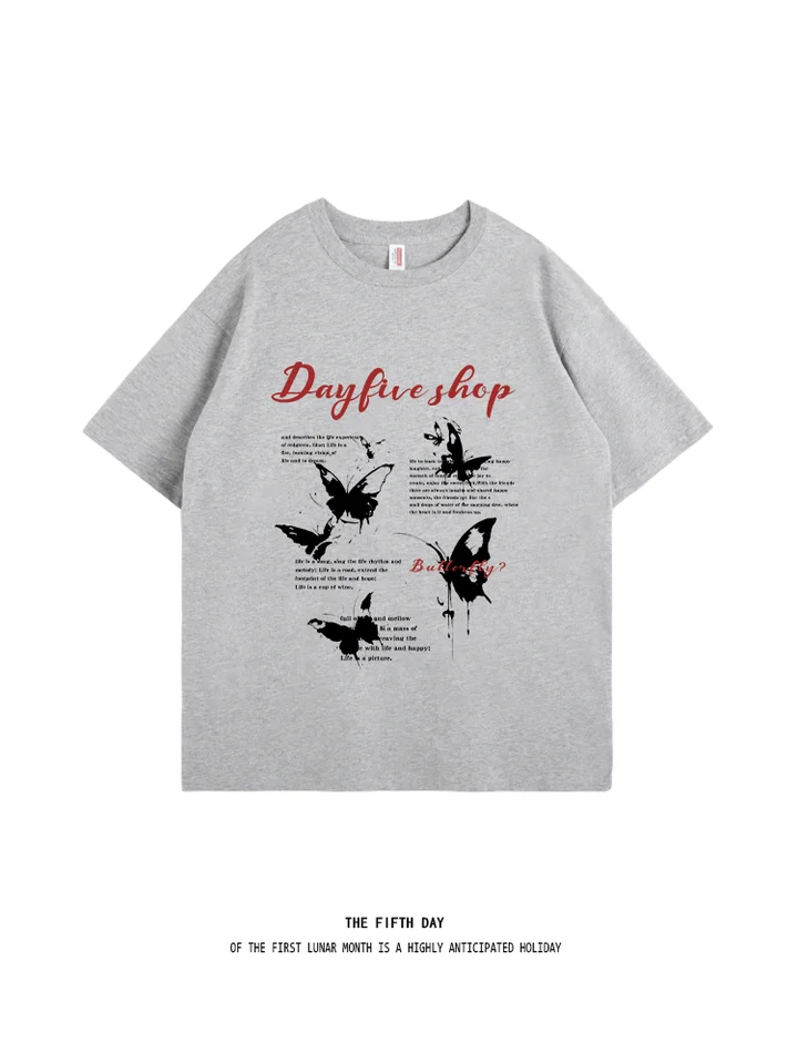 アメリカンヴィンテージ蝶デザイン半袖Tシャツ【ユニセックス・ヒップホップスタイル・ 夏用】（セットアップ対応）