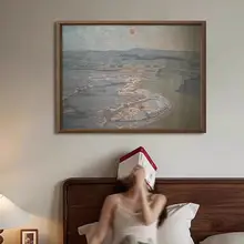 金滩映日の手描き油絵【中古・レトロ風景・新中式・限定掛け画】