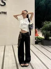 ハイストリートスタイルの低腰ストレートワイドデニムパンツ【フィット・スリム効果・女性用】