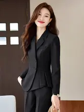 上品なデザインの職業用ダークブルースーツ【女性用・ビジネス・美容関連・ホテルフロント対応】（セットアップ対応）