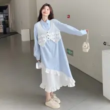 デザイン性の高い不規則なブルーカラーのルーズシャツワンピース【春秋用・優しい印象・レイヤードスタイル】（セットアップ対応）
