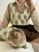 親子兼用 ニットベスト【猫犬デザイン・ダイヤモンド柄・毛玉防止・女性用】