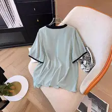 Vネック雪纺シャツ【夏用・ゆったりサイズ・短袖・体型カバー】