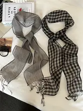 レトロチェックストライプの麻製フリンジスカーフ【通勤向け・防晒効果・女性用】