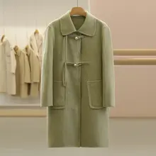 ウール混双面コート【ウサギ毛・シルク・流れるフリンジ・パールボタン】