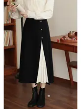 新中式デザインの黒い半身スカート【春用・スリット入り・カジュアル】（セットアップ対応）