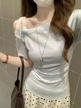 斜め肩デザインのレース切替トップス【夏用・美しいプリーツ・女性用】（セットアップ対応）