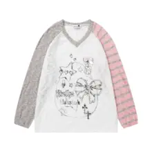 猫柄リボンデザインのストライプVネック長袖Tシャツ【ゆったりシルエット・カジュアルスタイル】（セットアップ対応）