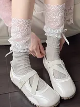 春夏用の粉色中筒靴下【甘めのリボンデザイン・裾にレース・浅灰色のルーズソックス】