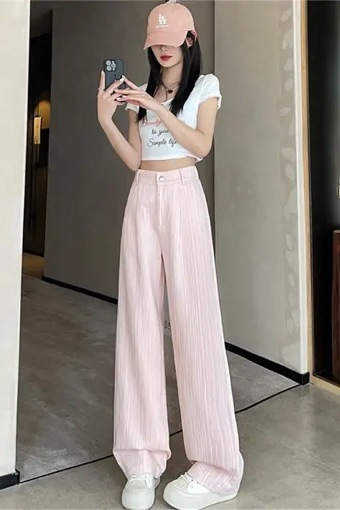 ブルーストライプのテクスチャー ワイドレッグパンツ【アメリカンスタイル・ハイウエスト・スリム効果】（セットアップ対応）